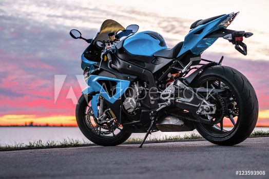 Picture of Sports motorcycle on the shore at sunset